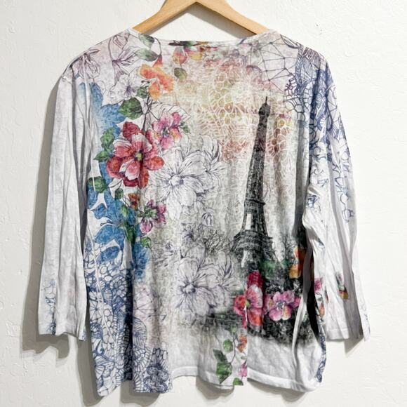 Vintage Jess & Jane Shirt XL Burn Out Sublimation Paris Rhinestones Y2K V Neck - Picture 2 of 8